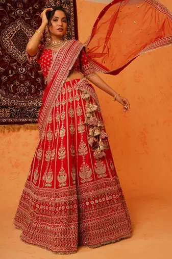 Red Viscose Dupion Silk Heavy Hand Embroidered Lehenga Set