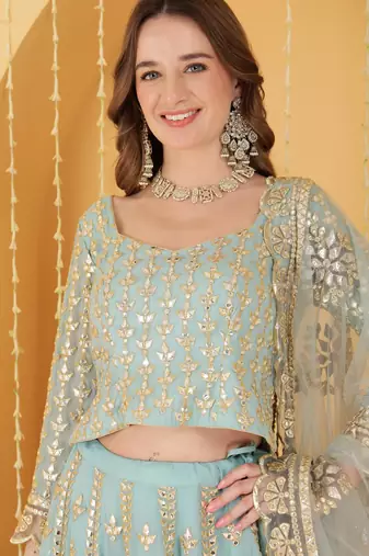 Light Teal Gota Patti Work Georgette Lehenga Set