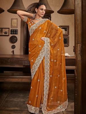Mustard mustard yellow floral embroidered sequinned pure chiffon saree 1