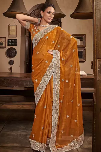 Mustard mustard yellow floral embroidered sequinned pure chiffon saree