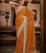 Mustard mustard yellow floral embroidered sequinned pure chiffon saree