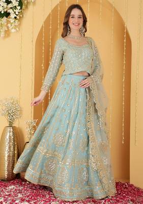 Light Teal Gota Patti Work Georgette Lehenga Set 3