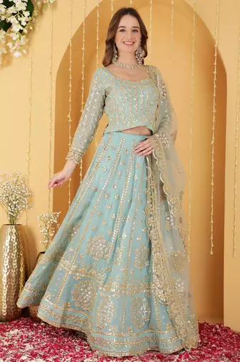 Light Teal Gota Patti Work Georgette Lehenga Set