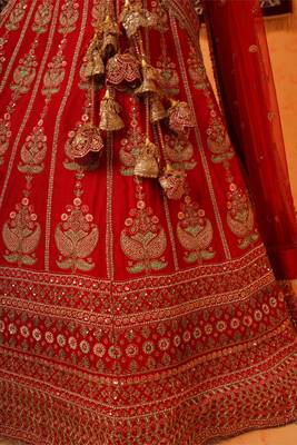 Red Viscose Dupion Silk Heavy Hand Embroidered Lehenga Set 4