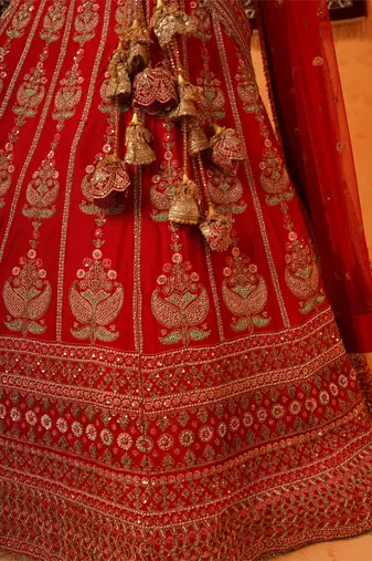 Red Viscose Dupion Silk Heavy Hand Embroidered Lehenga Set