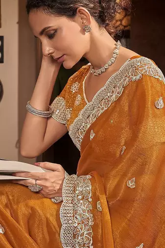 Mustard mustard yellow floral embroidered sequinned pure chiffon saree