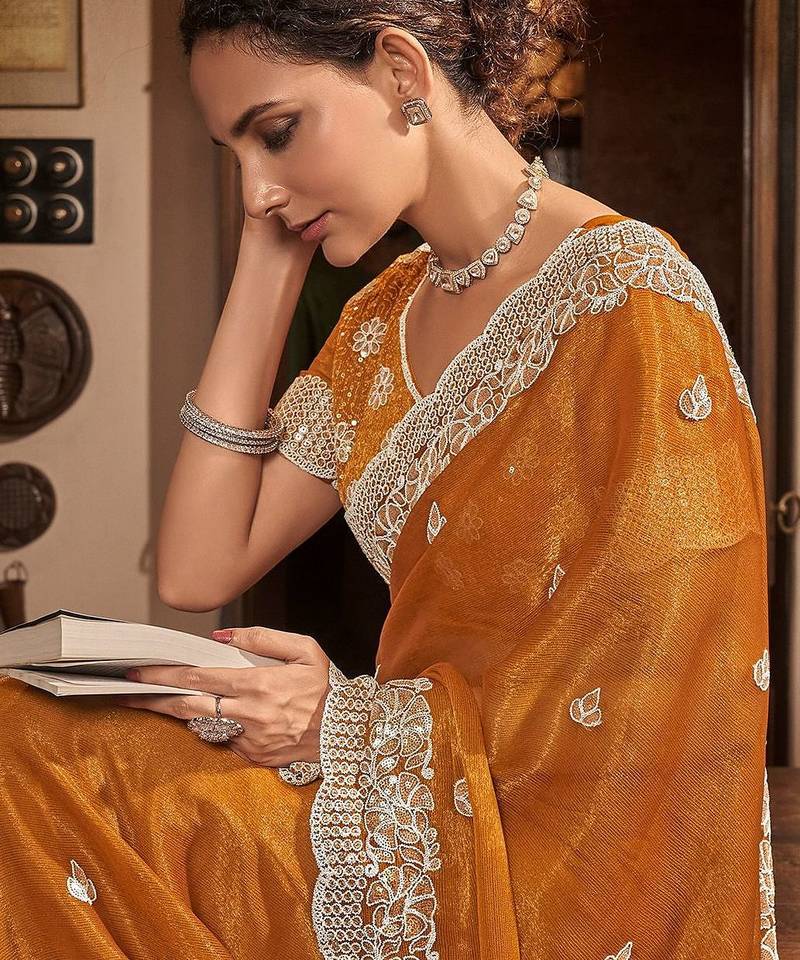 Mustard mustard yellow floral embroidered sequinned pure chiffon saree