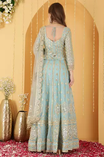 Light Teal Gota Patti Work Georgette Lehenga Set
