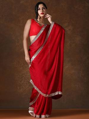 red beads and stones pure chiffon saree 1
