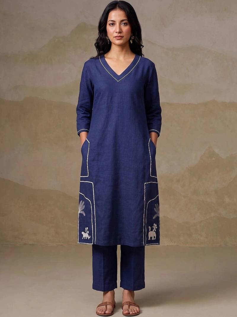 women ethnic motifs embroidered regular thread work kurta with trousers