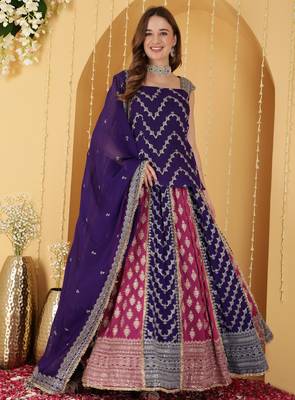 Hot Pink And Purple Double Coloured Zari Embroidered Georgette Lehenga Set 1