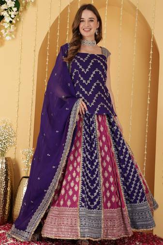Hot Pink And Purple Double Coloured Zari Embroidered Georgette Lehenga Set