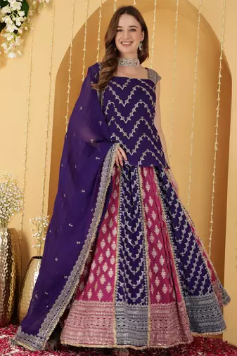 Hot Pink And Purple Double Coloured Zari Embroidered Georgette Lehenga Set