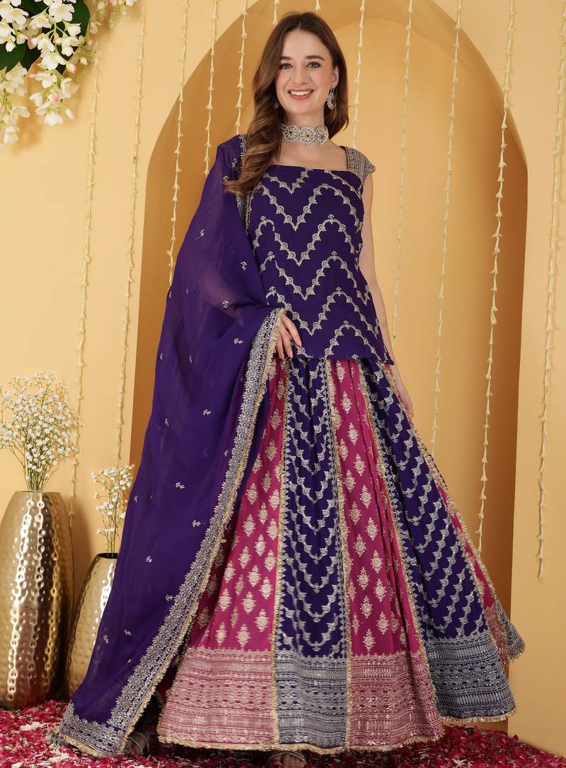 Hot Pink And Purple Double Coloured Zari Embroidered Georgette Lehenga Set