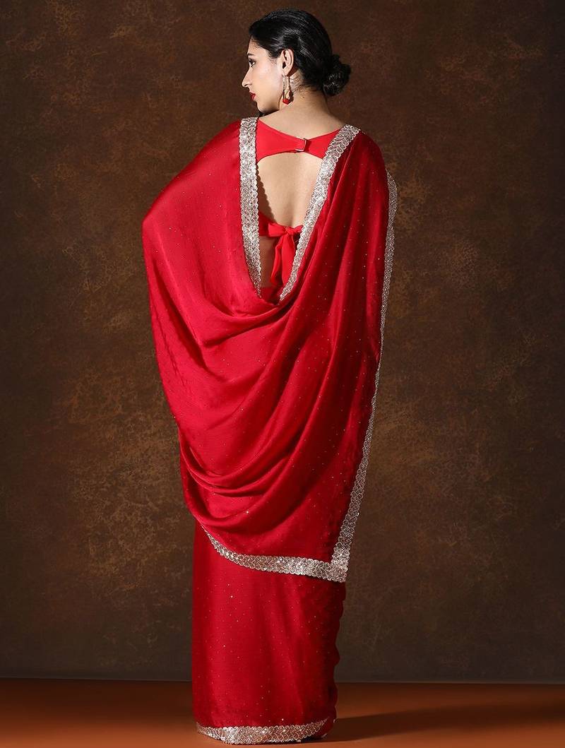 red beads and stones pure chiffon saree