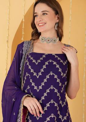 Hot Pink And Purple Double Coloured Zari Embroidered Georgette Lehenga Set 2