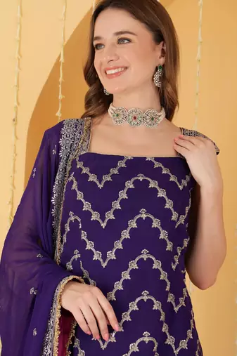 Hot Pink And Purple Double Coloured Zari Embroidered Georgette Lehenga Set