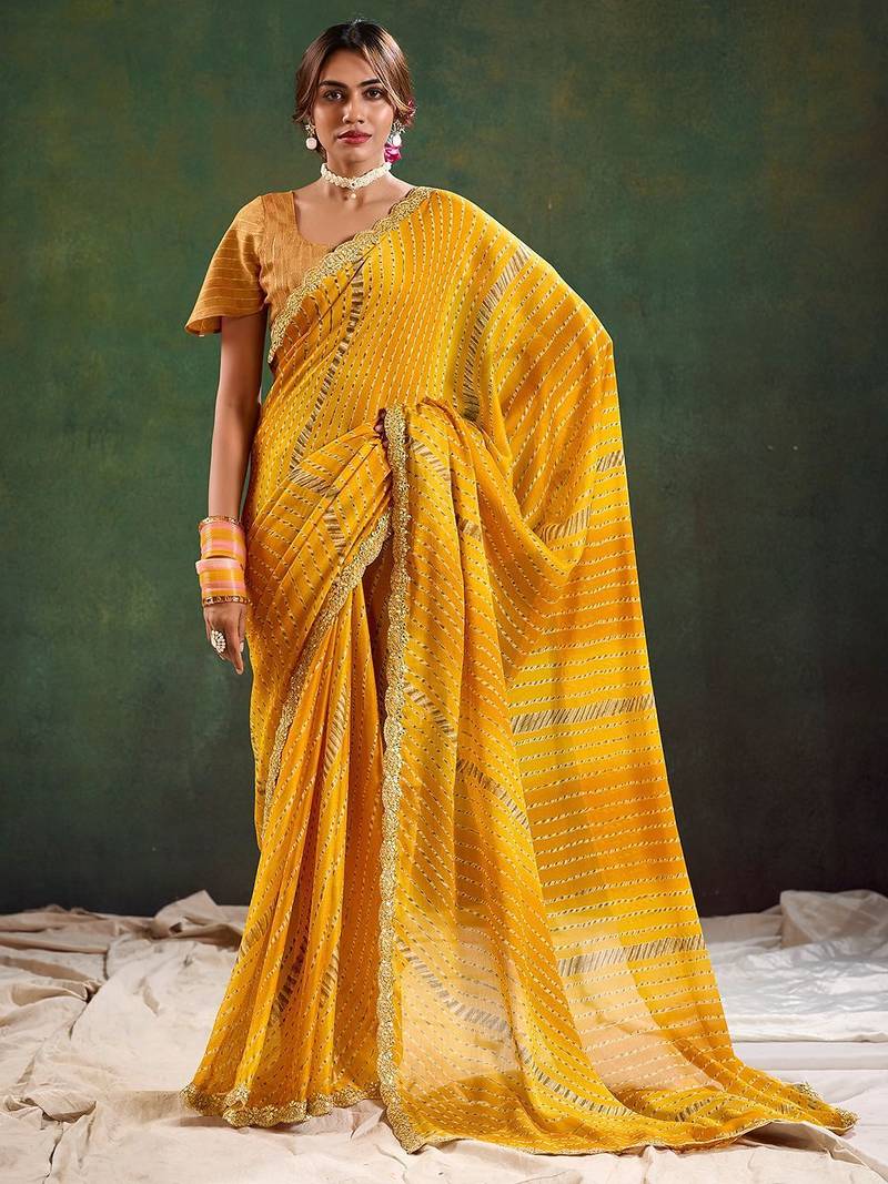 mustard leheriya sequinned  saree