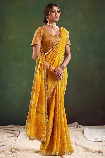mustard leheriya sequinned  saree