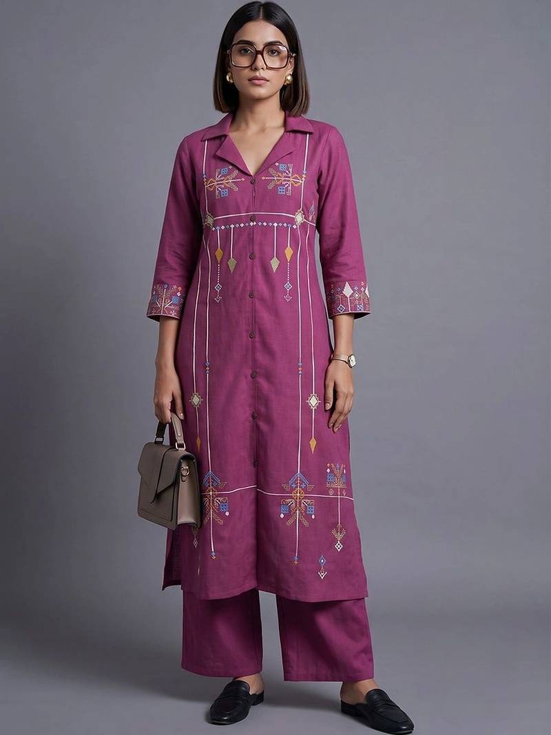 women ethnic motifs embroidered regular patchwork kurta with trousers