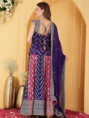 Hot Pink And Purple Double Coloured Zari Embroidered Georgette Lehenga Set 3