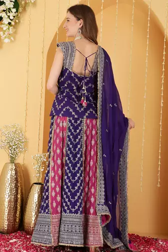 Hot Pink And Purple Double Coloured Zari Embroidered Georgette Lehenga Set