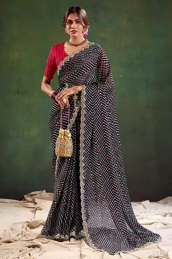 black geometric printed sequinned saree