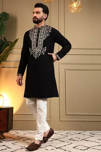Black armani lachko embroidery sequence work premium designer kurta pajama