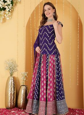 Hot Pink And Purple Double Coloured Zari Embroidered Georgette Lehenga Set 4