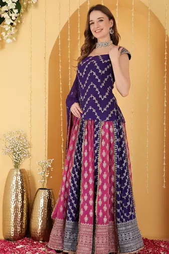 Hot Pink And Purple Double Coloured Zari Embroidered Georgette Lehenga Set