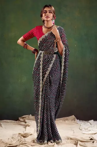 black geometric printed sequinned saree