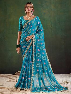 blue bandhani printed sequinned saree 1