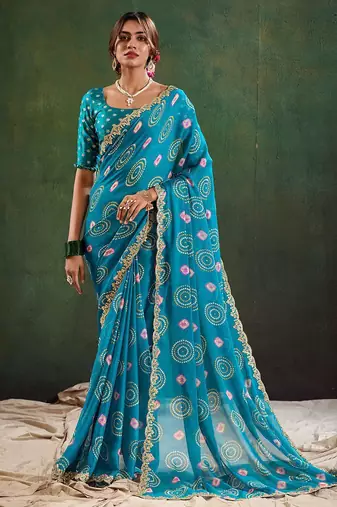 blue bandhani printed sequinned saree