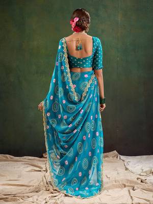 blue bandhani printed sequinned saree 2