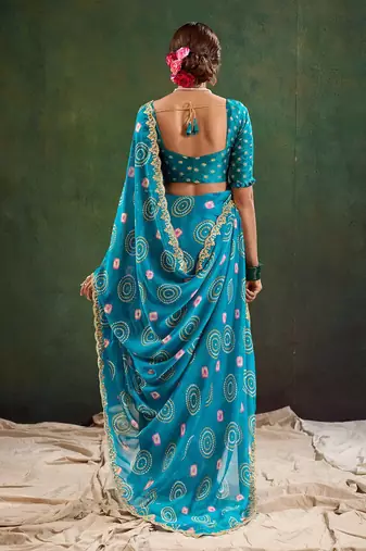 blue bandhani printed sequinned saree