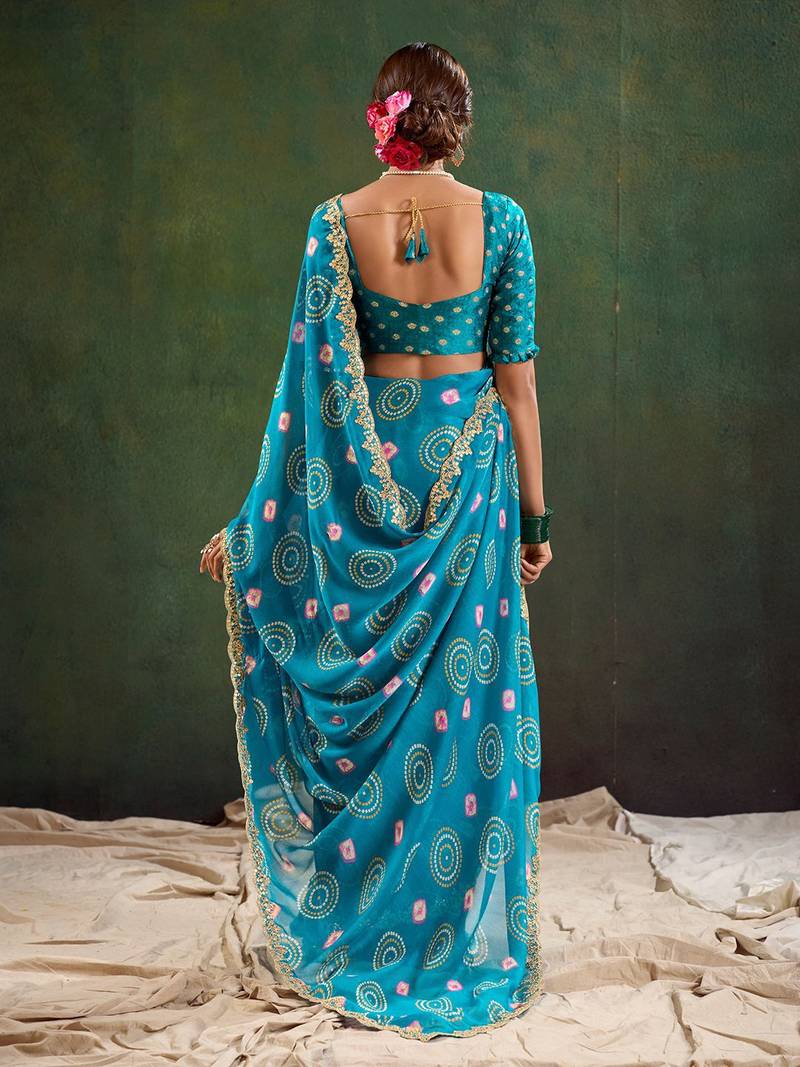 blue bandhani printed sequinned saree