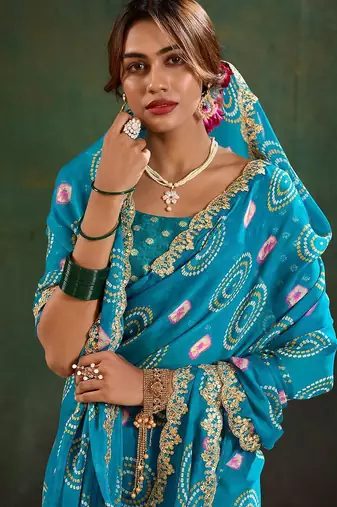 blue bandhani printed sequinned saree