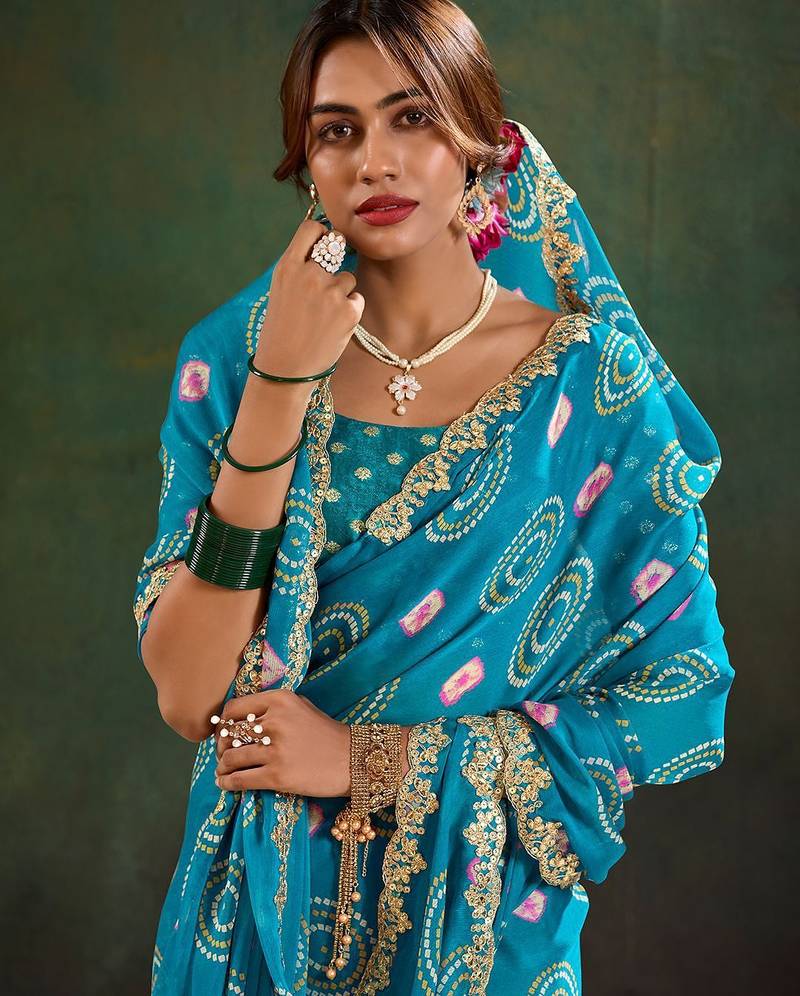 blue bandhani printed sequinned saree