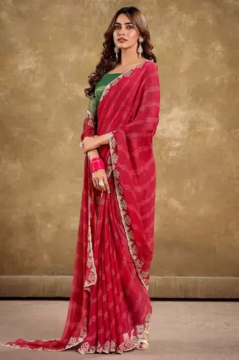 red ethnic motifs printed embroidered celebrity saree