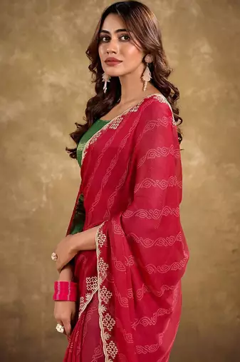 red ethnic motifs printed embroidered celebrity saree