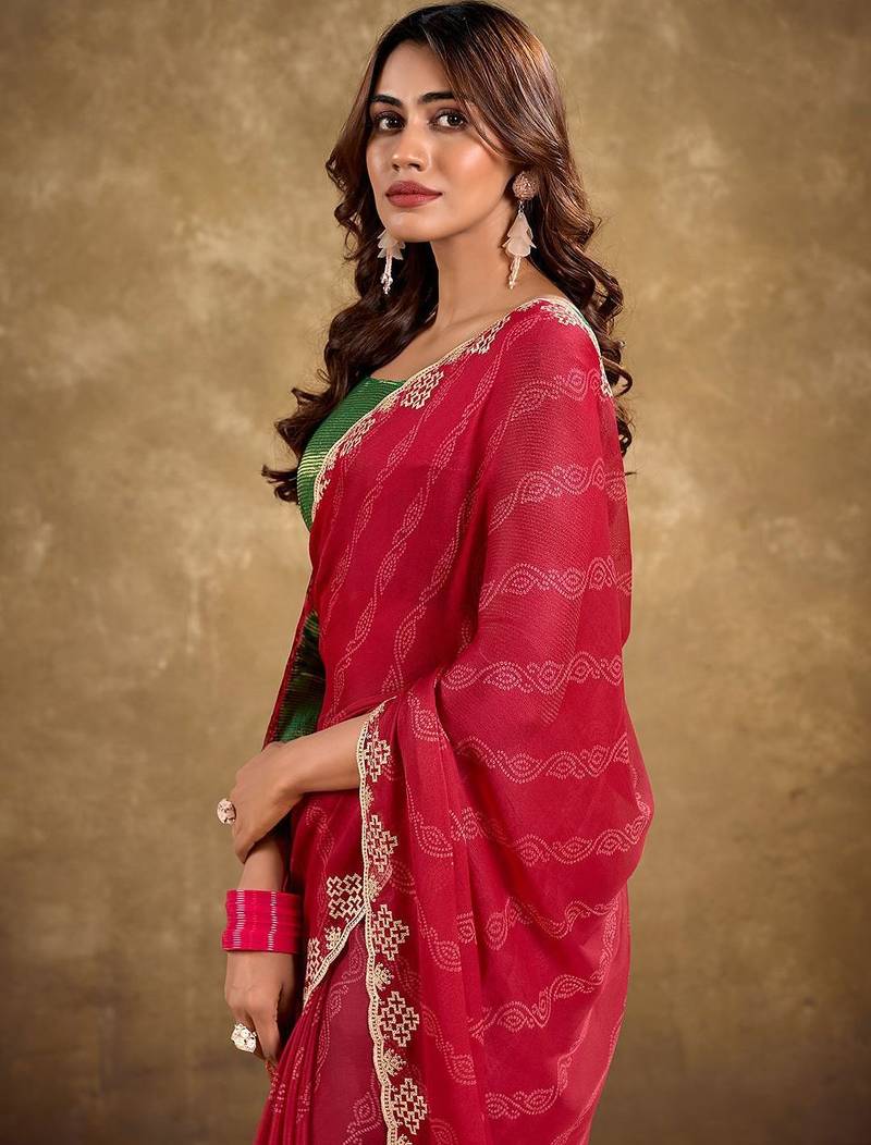red ethnic motifs printed embroidered celebrity saree