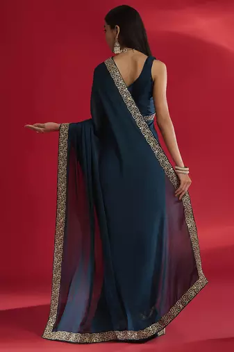 blue sequinned satin saree