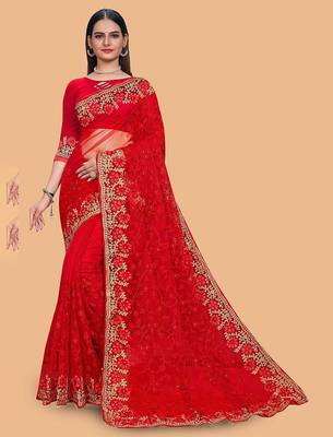 red floral embroidered net saree 1