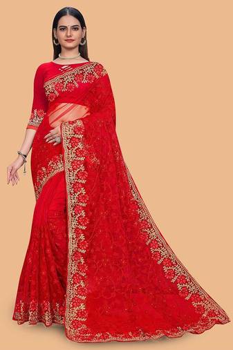 red floral embroidered net saree