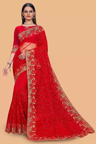 red floral embroidered net saree