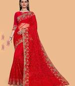 red floral embroidered net saree
