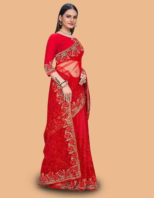 red floral embroidered net saree 2