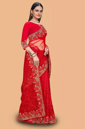 red floral embroidered net saree