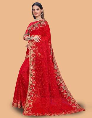 red floral embroidered net saree 3