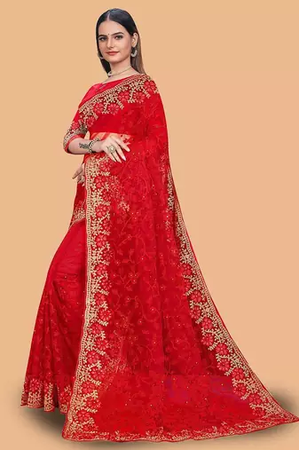 red floral embroidered net saree